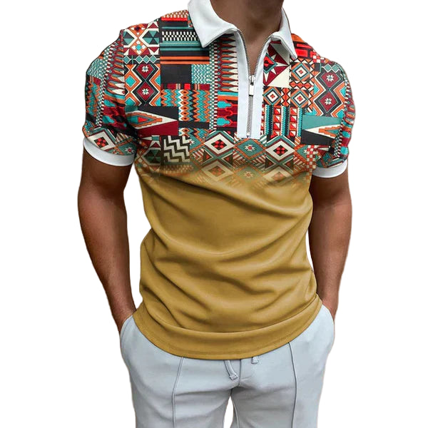 Sir Ford Zipper Collar Houndstooth Panel Short Sleeve Polo Shirt