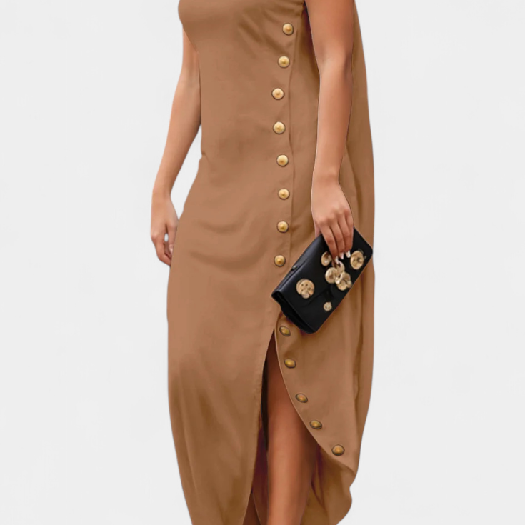 Lady Charlotte Asymmetric Dress with Decorative Gold Buttons