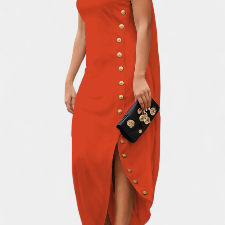 Lady Charlotte Asymmetric Dress with Decorative Gold Buttons