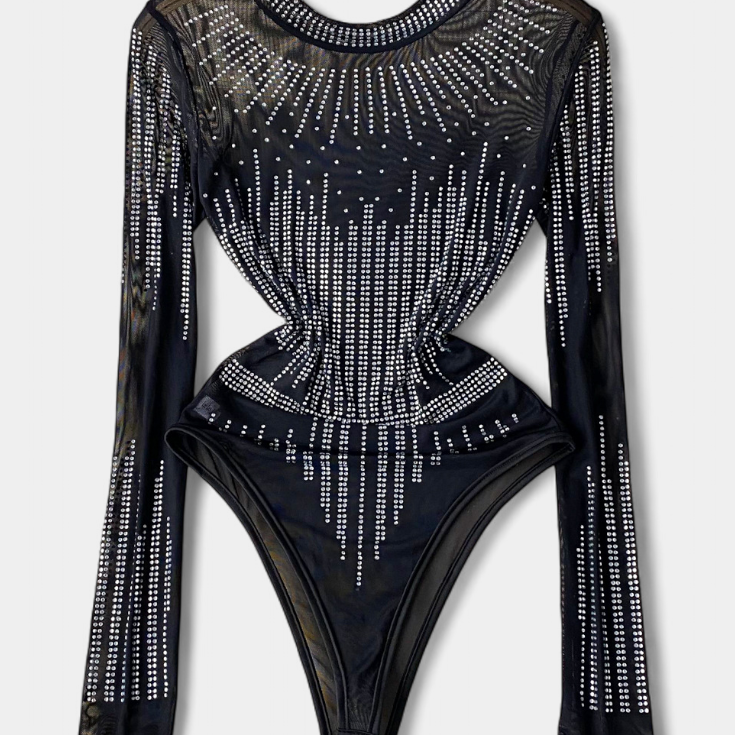 Lady Antonella Sheer Mesh Bodysuit with Long Sleeves and Sparkle Detail