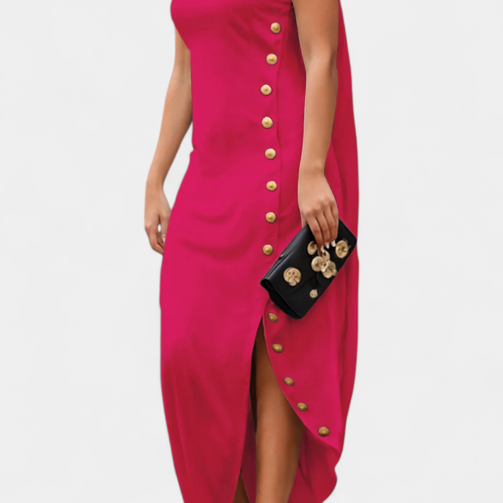 Lady Charlotte Asymmetric Dress with Decorative Gold Buttons
