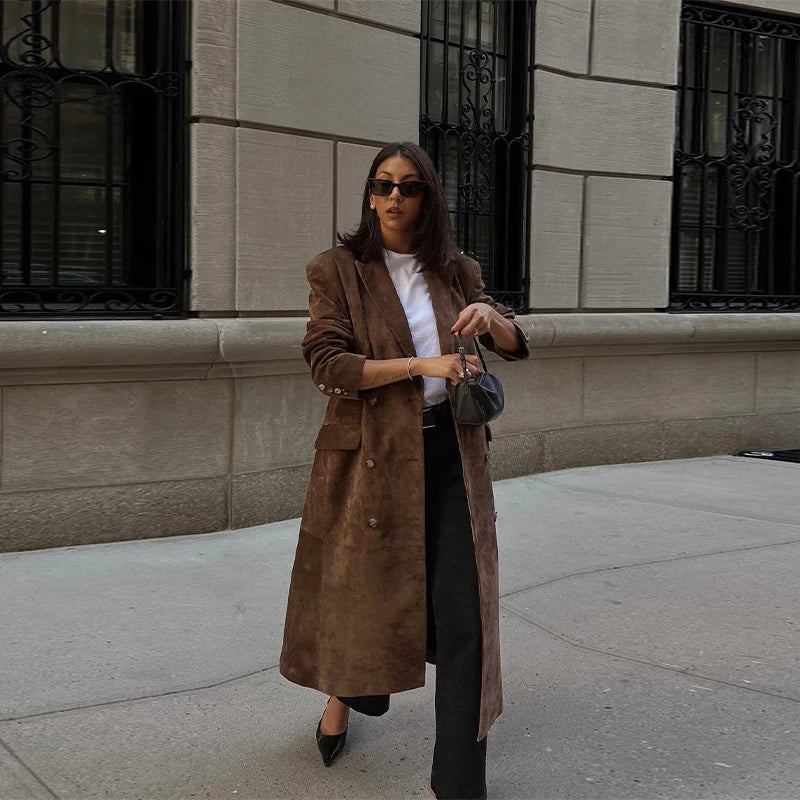Lady Selena Faux Suede Belt Long Trench Coat