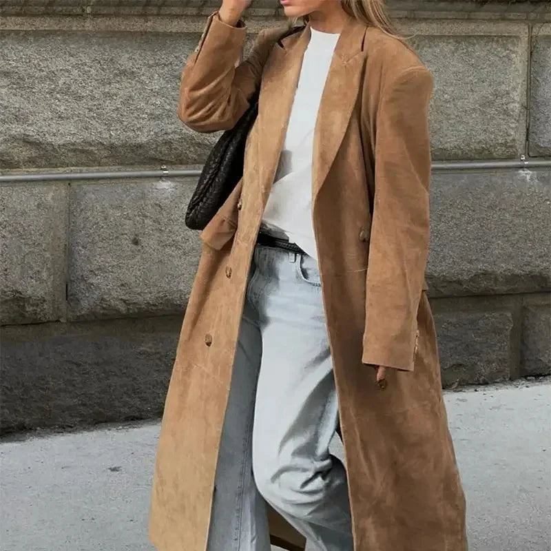 Lady Selena Faux Suede Belt Long Trench Coat