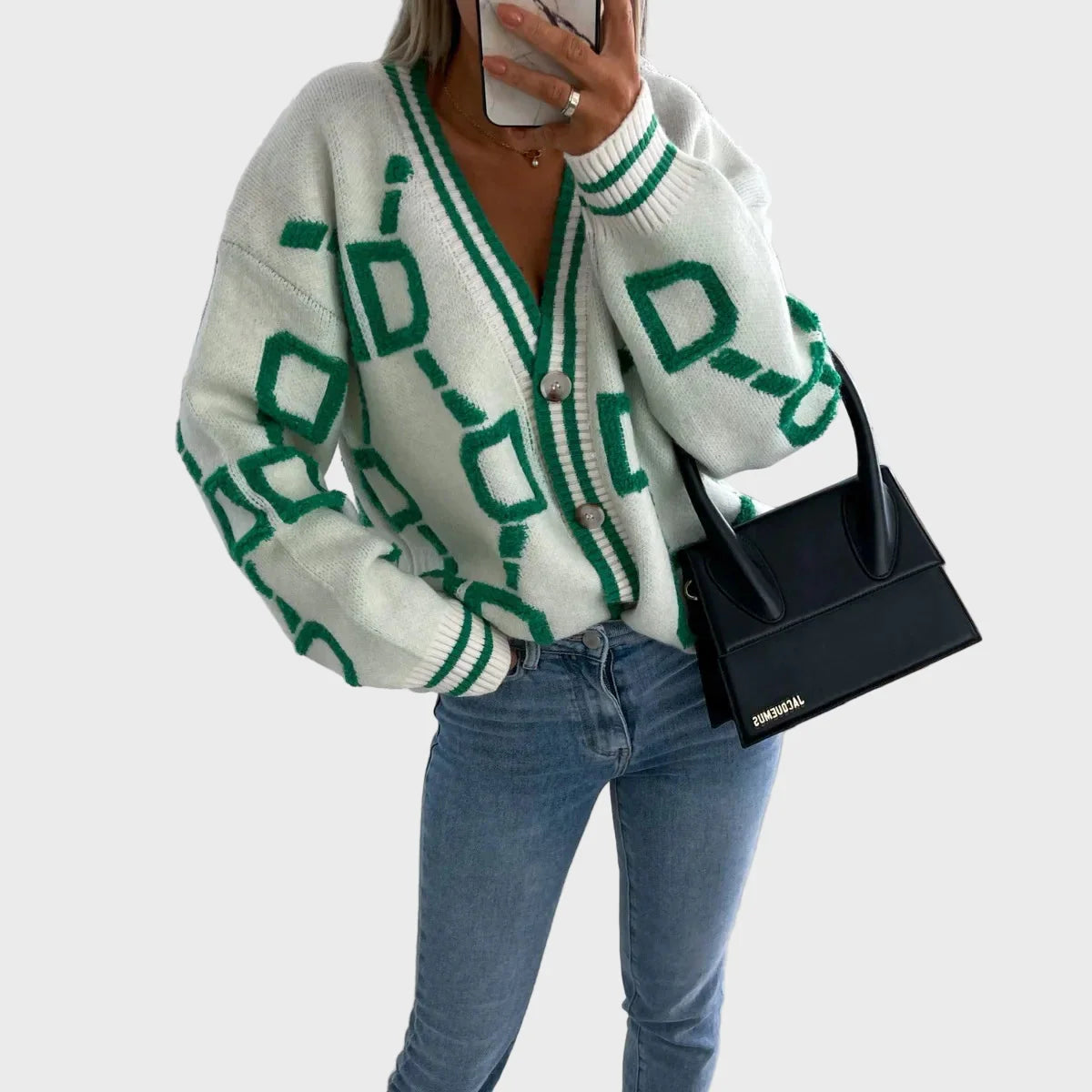 Lady Caroline Modern Knitted Cardigan with Geometric Pattern