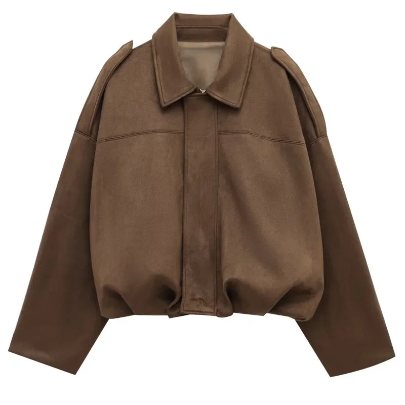 Lady Alice Lapel Long-Sleeve Zipper Suede Bomber Jacket