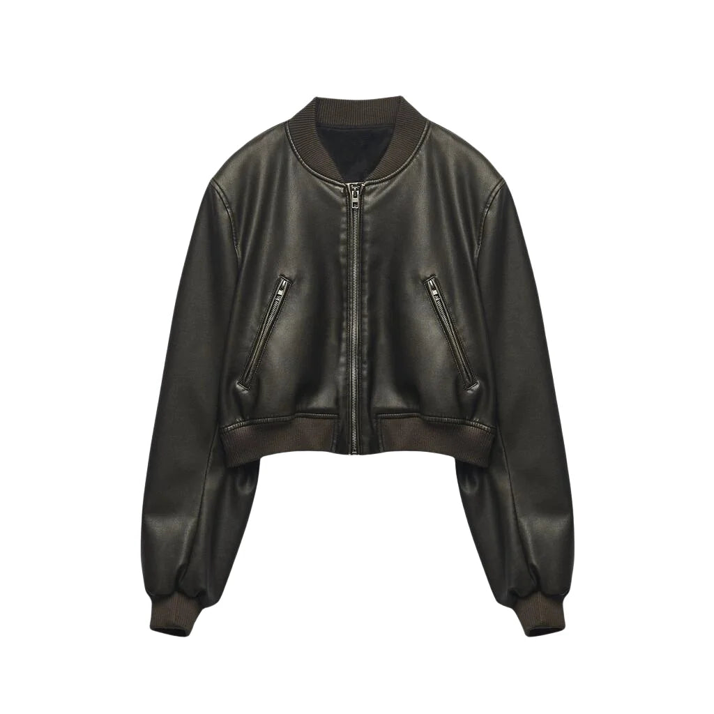 Lady Margaret Stand-Collar Faux Leather Bomber Jacket