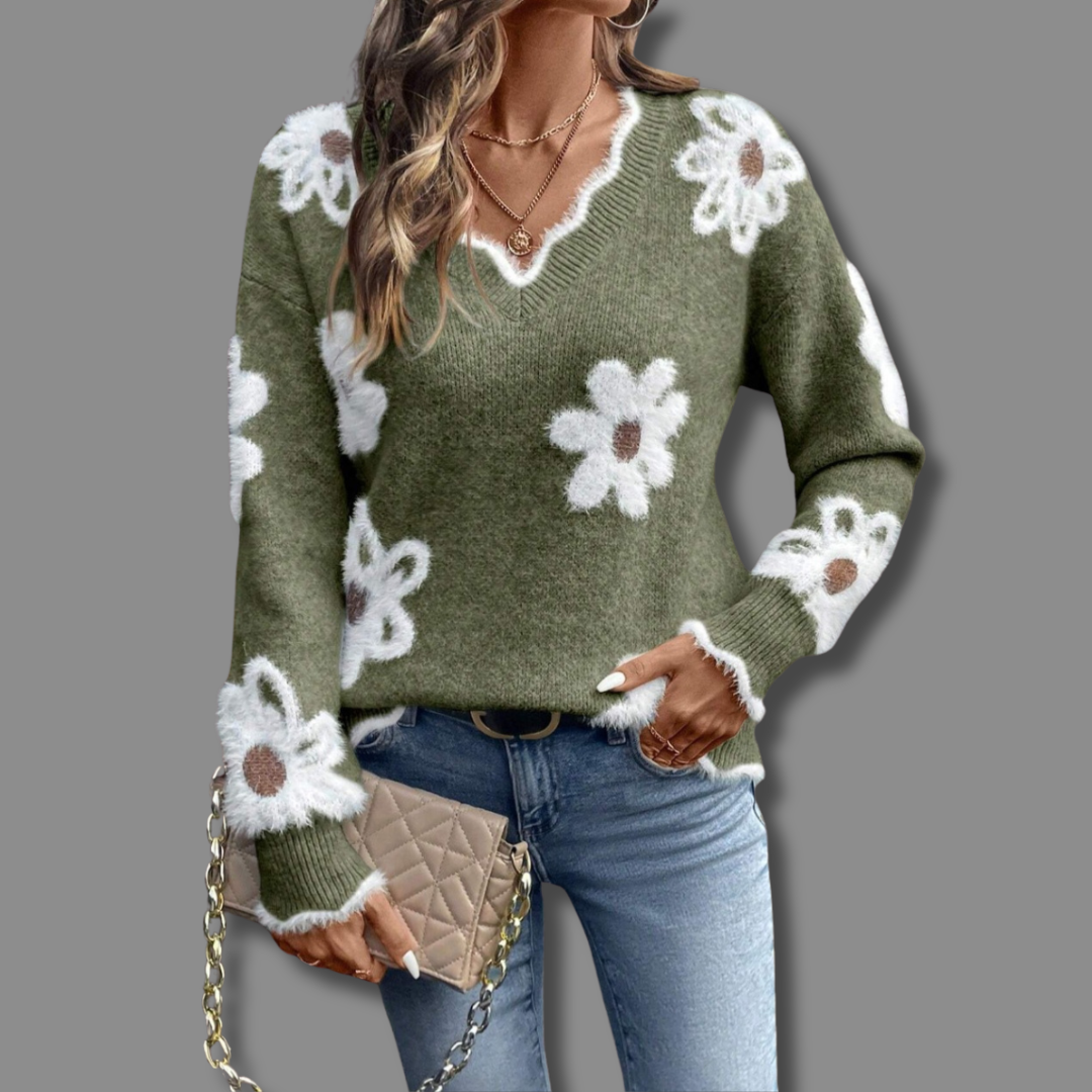 Lady Matilda Elegant V-Neck Floral Jumper