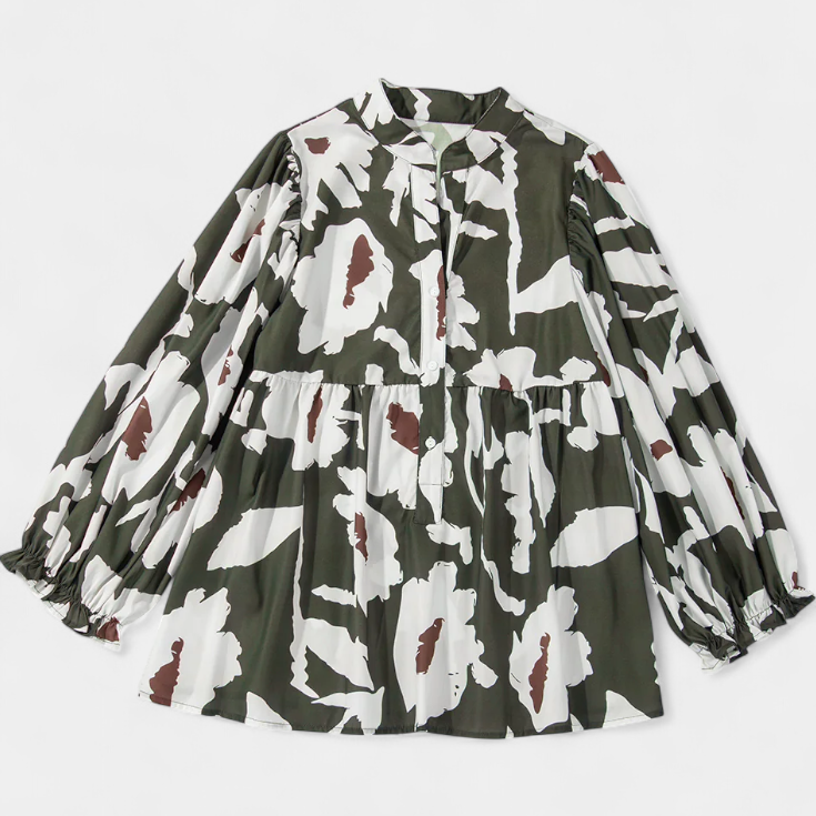 Lady Audrey Abstract Floral Print Blouse with Half Button Placket and Puff Sleeves
