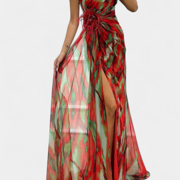 Lady Sophia Asymmetric Maxi Dress with Vibrant Print