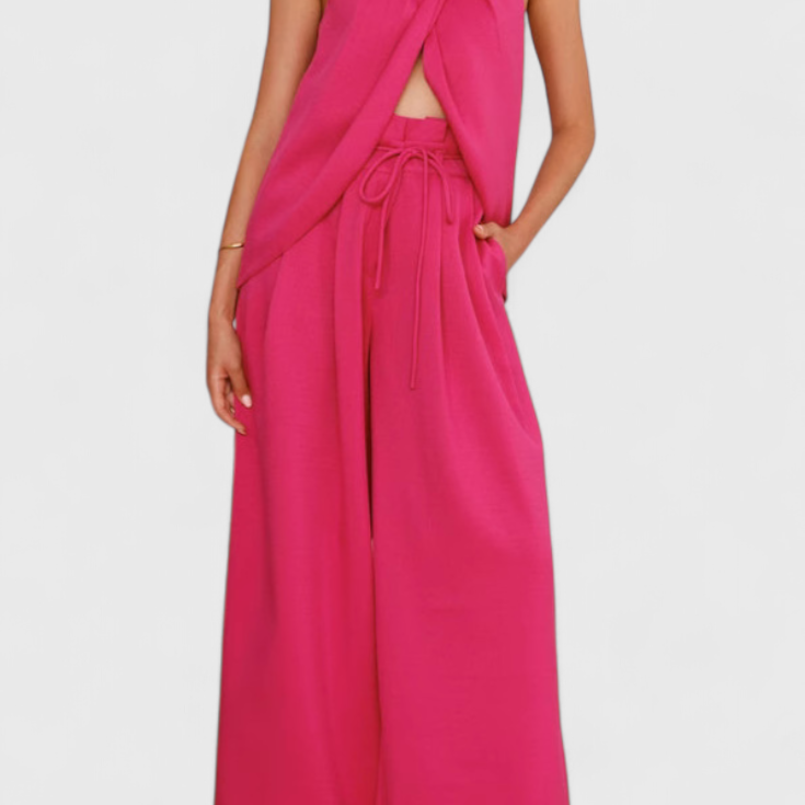 Lady Maisie Linen Set with Front-Slit Top and Wide-Leg Trousers