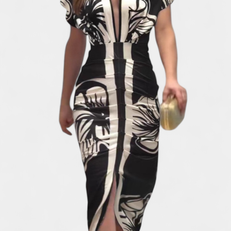 Lady Emily Long Dress with Floral Print, V-Neckline and Side Slit