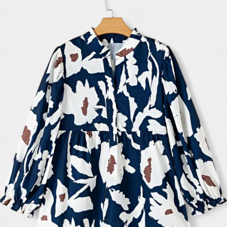 Lady Audrey Abstract Floral Print Blouse with Half Button Placket and Puff Sleeves