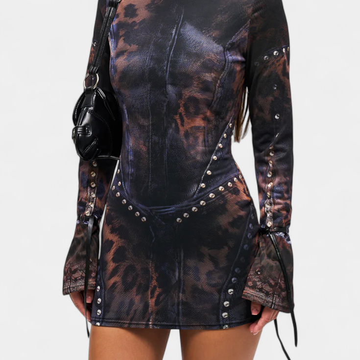 Lady Ella Mini Dress with Flared Sleeves and Illusion Print