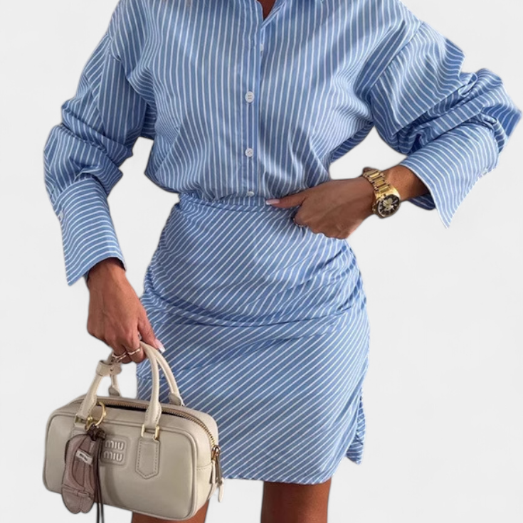 Lady Charlotte Striped Mini Shirt Dress with Pleats and Buttons