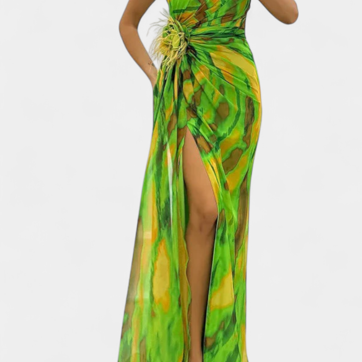 Lady Sophia Asymmetric Maxi Dress with Vibrant Print