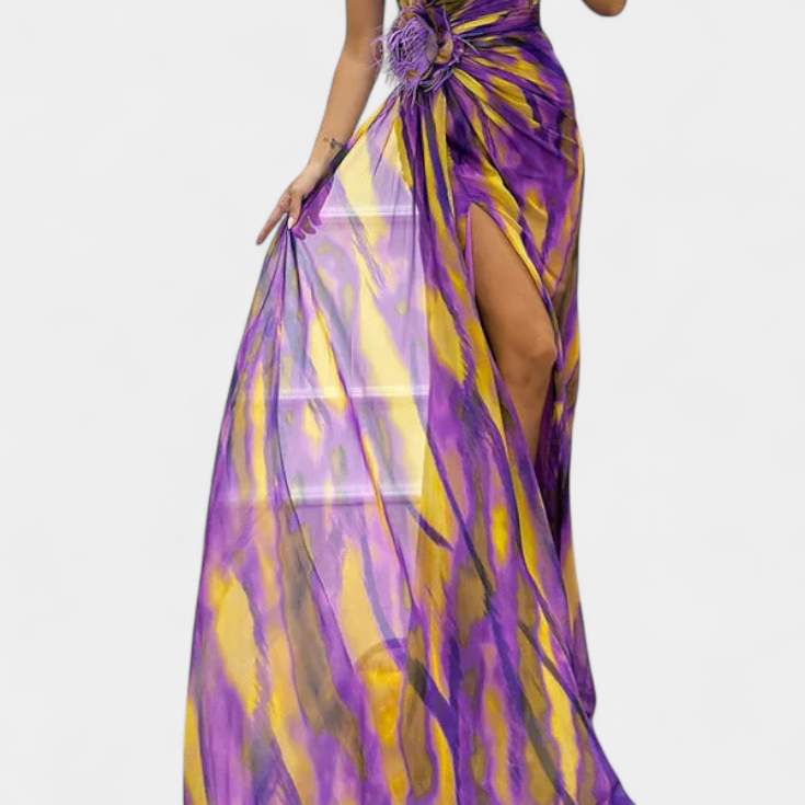 Lady Sophia Asymmetric Maxi Dress with Vibrant Print