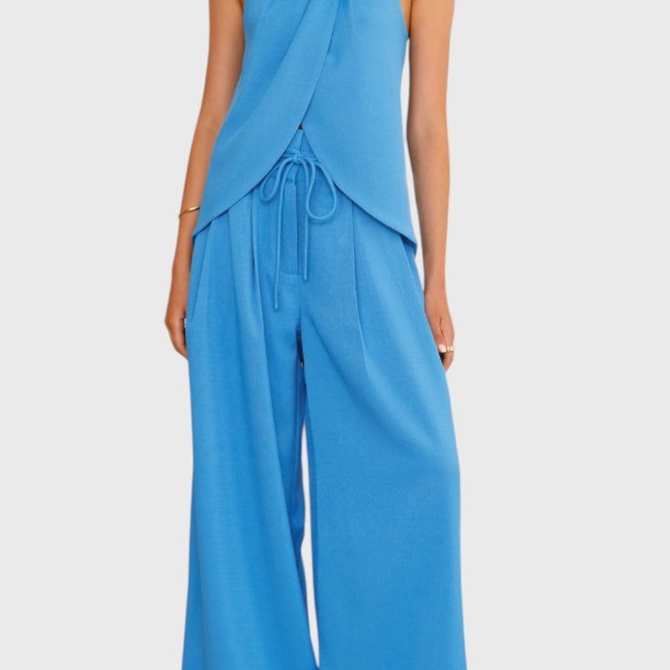 Lady Maisie Linen Set with Front-Slit Top and Wide-Leg Trousers