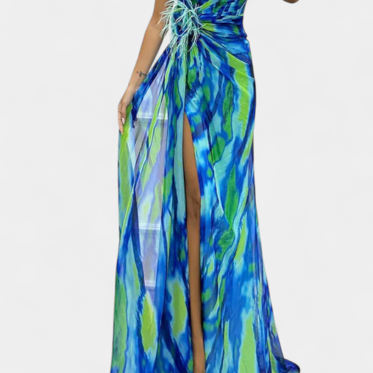 Lady Sophia Asymmetric Maxi Dress with Vibrant Print