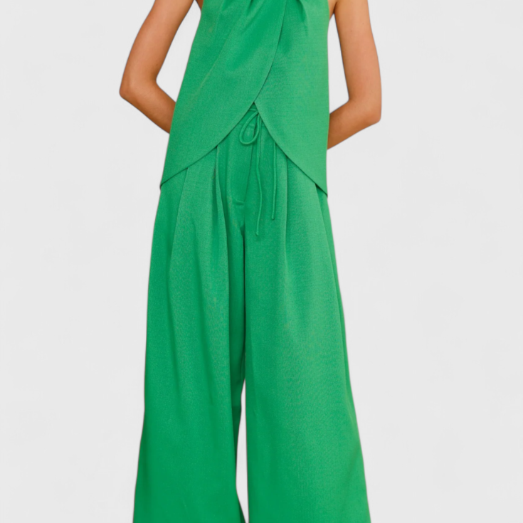 Lady Maisie Linen Set with Front-Slit Top and Wide-Leg Trousers