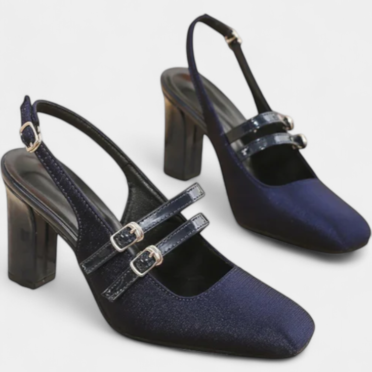 Lady Beatrice Satin Heels with Double Straps and Ankle Buckle