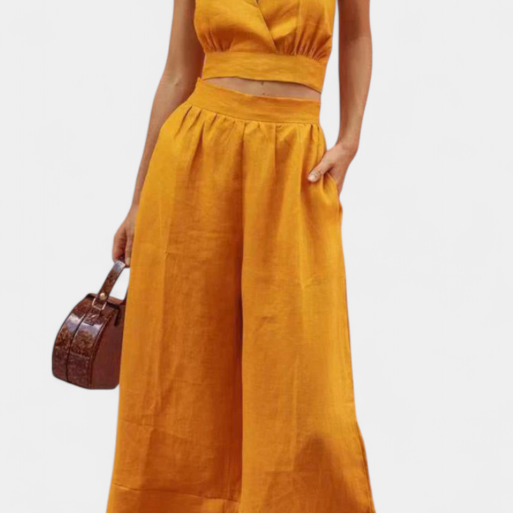 Lady Valentina Lace Open-Back Vest & Wide-Leg Trousers Set